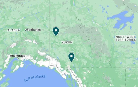 A map of Yukon, Canada with two pins on it.