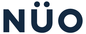 The logo "NÜO" in dark blue capital letters, with two dots centered above the letter "U".