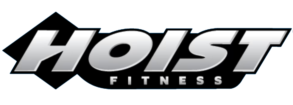 The HOIST Fitness logo featuring bold, silver metallic lettering on a black geometric background.