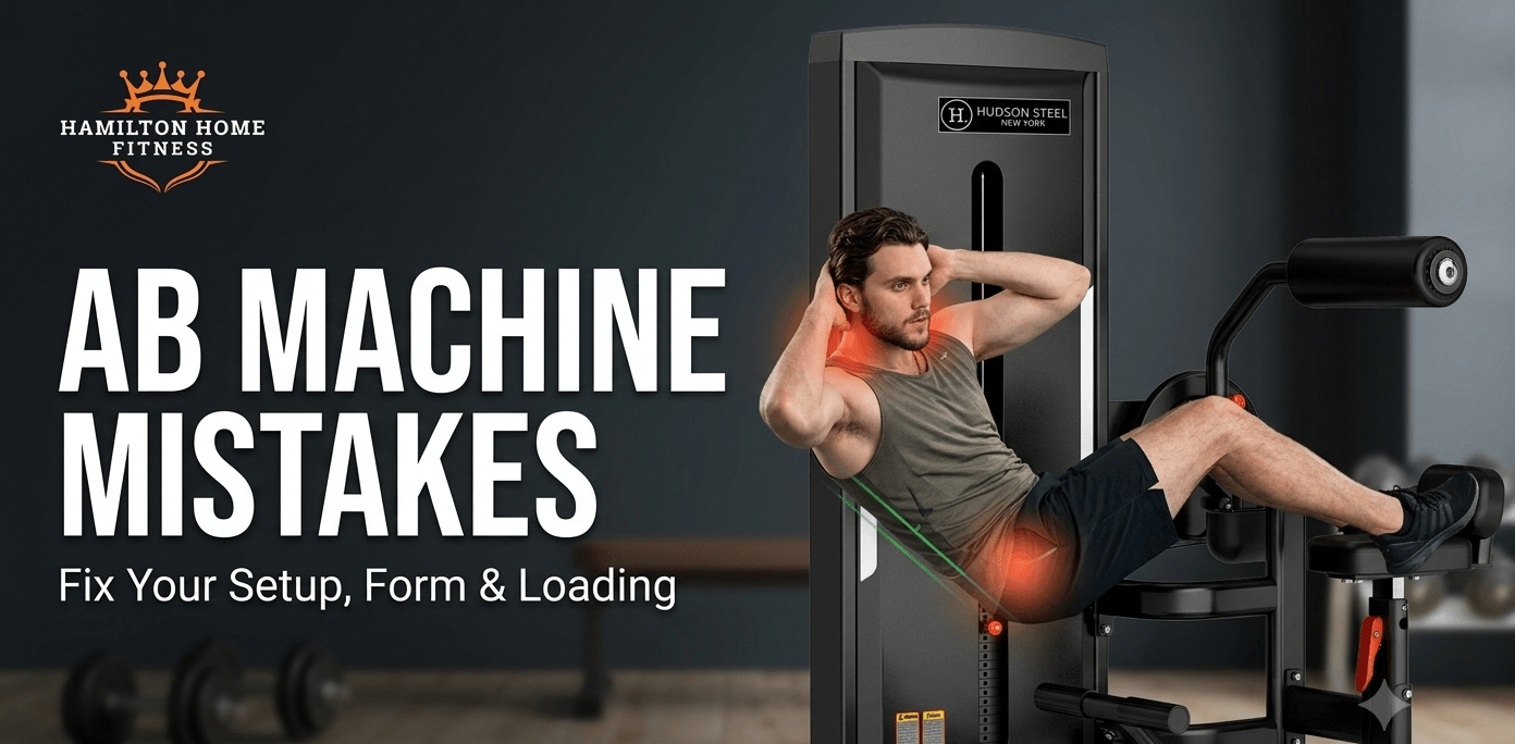 Man using an ab machine in a gym, with text: “AB MACHINE MISTAKES – Fix Your Setup, Form & Loading”