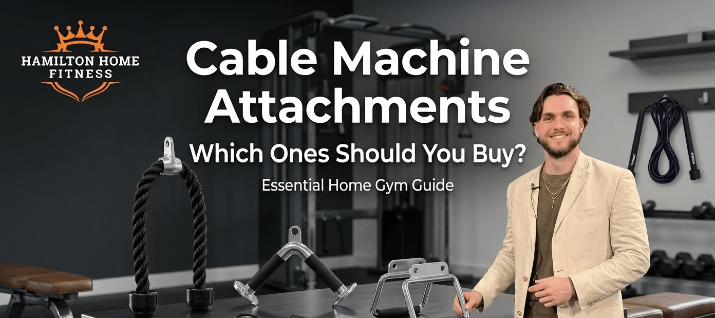 Cable machine attachments on a gym desk with a man standing beside them and “Which Ones Should You Buy?” text.