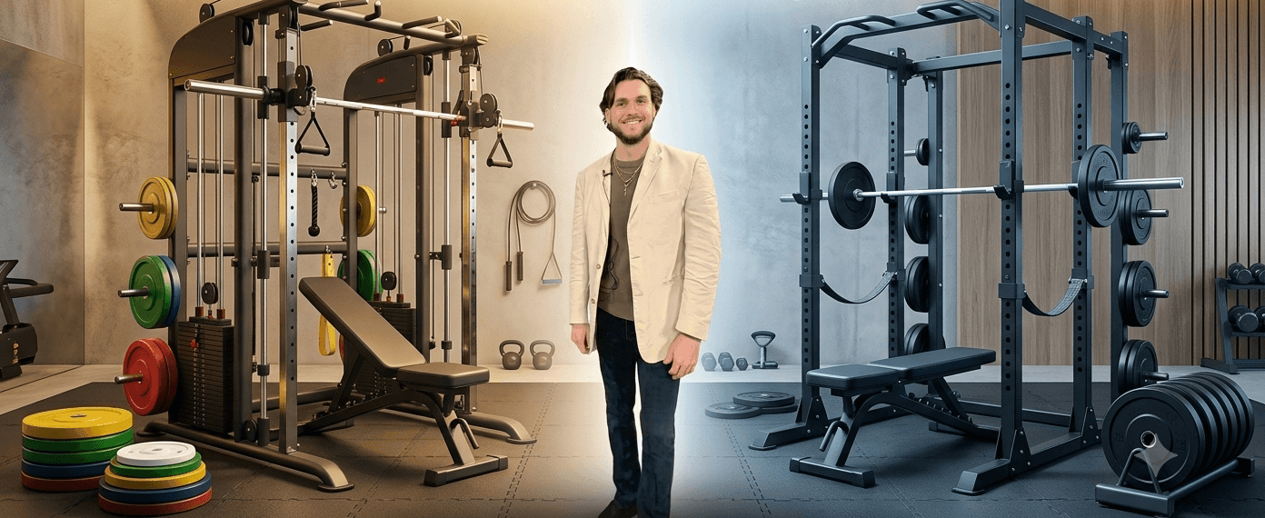 Gym promo showing a Smith machine and power rack side by side with a man standing between them