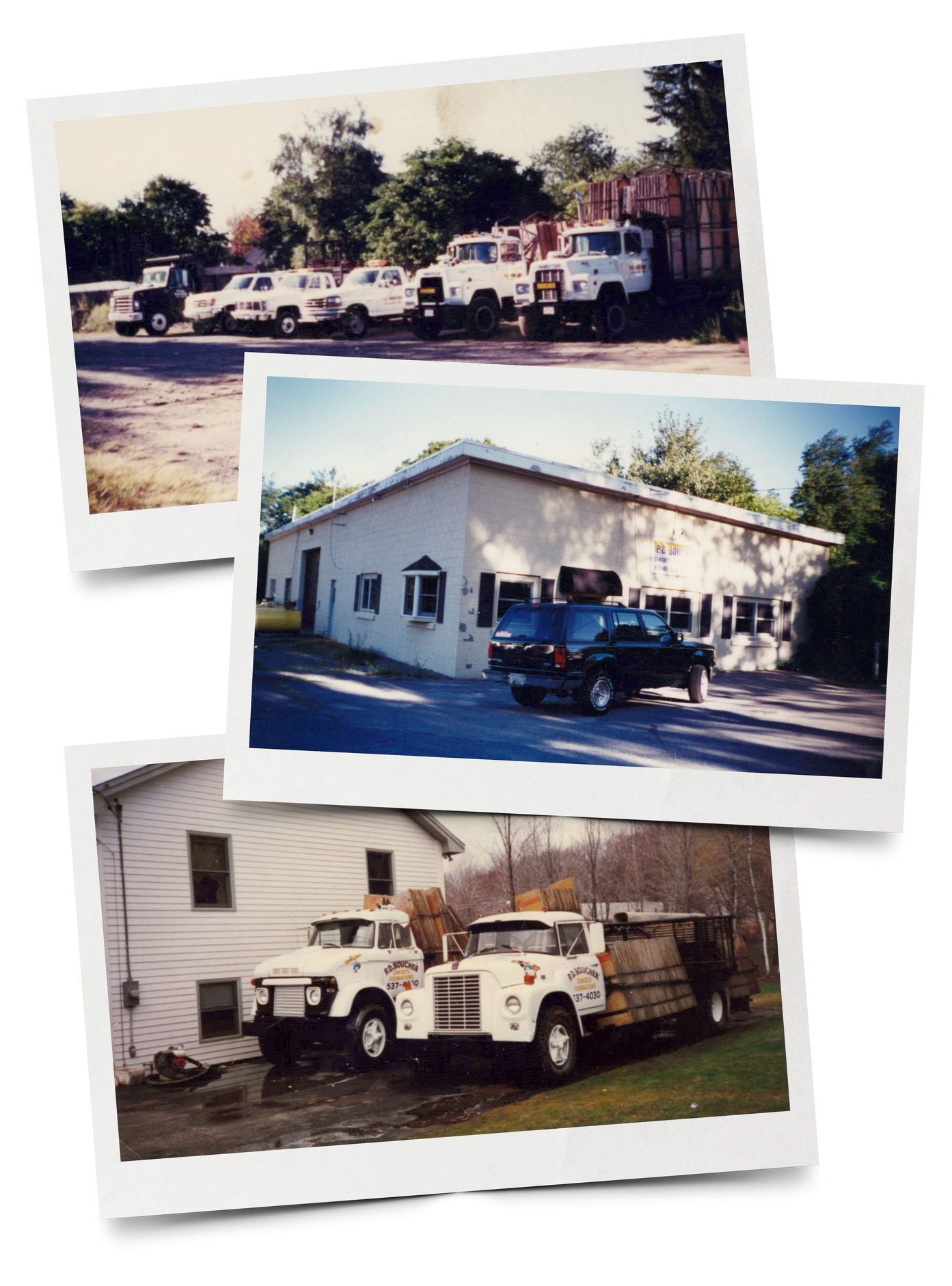 Three vintage photos: trucks parked outside a building and a home.