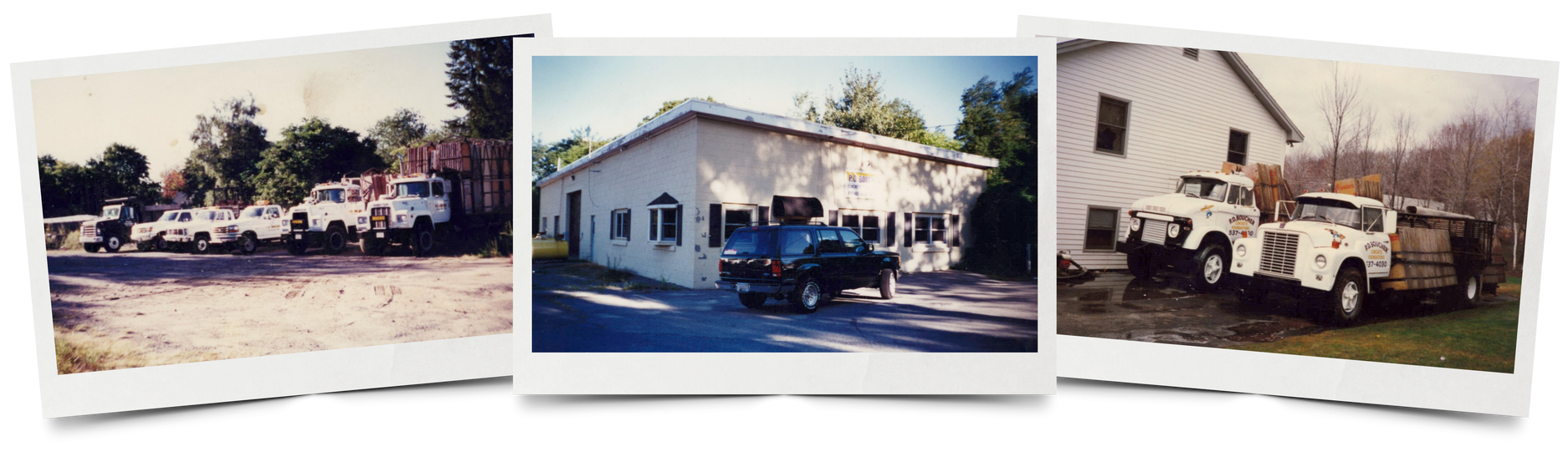 Three vintage photos showing white trucks, buildings, and outdoor settings.