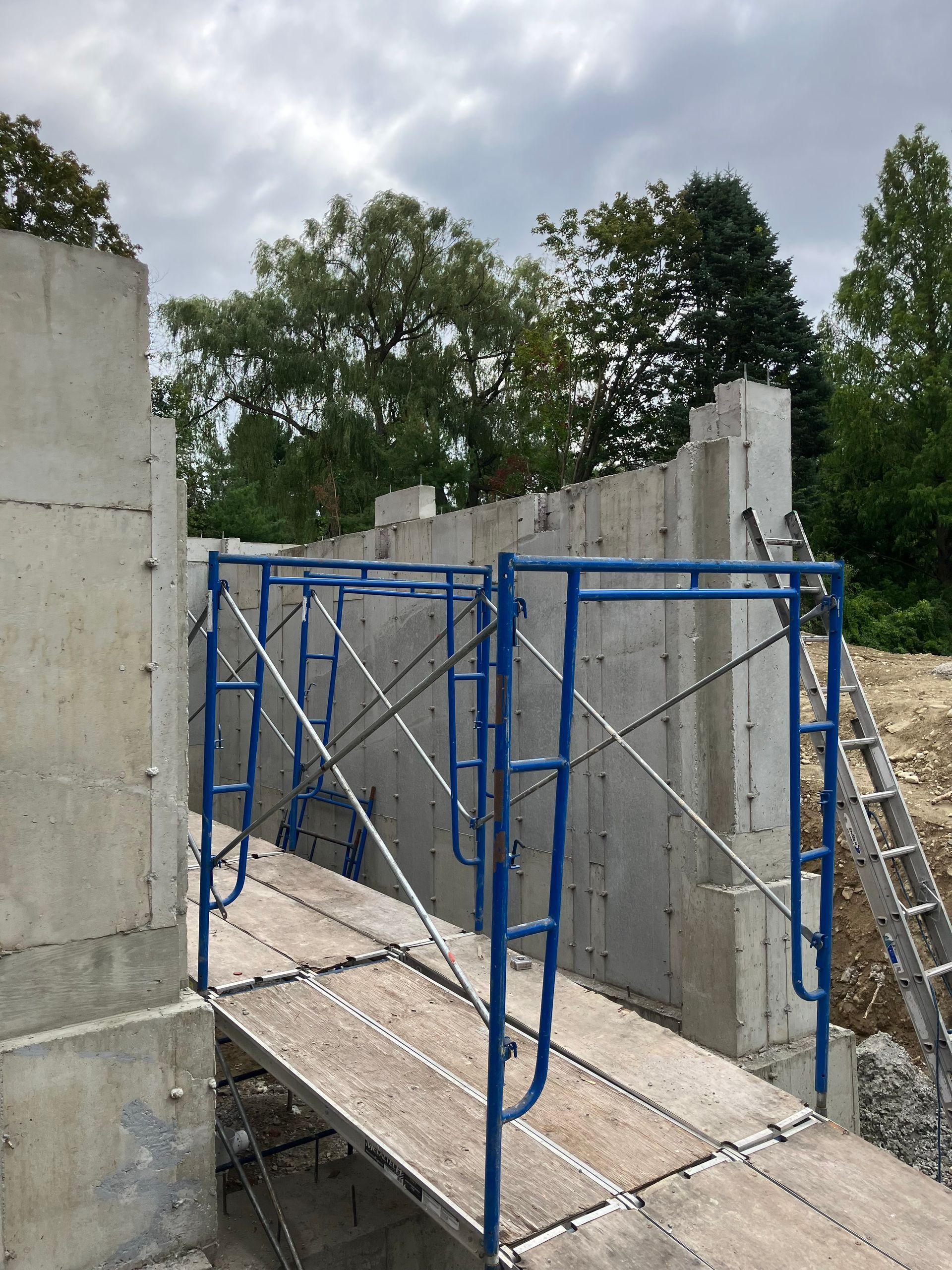 Blue scaffolding in front of a concrete wall. A ladder leans against the wall. Trees and a cloudy sky in the background.