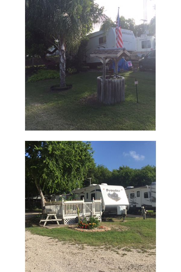 Two pictures of a rv parked in a grassy area
