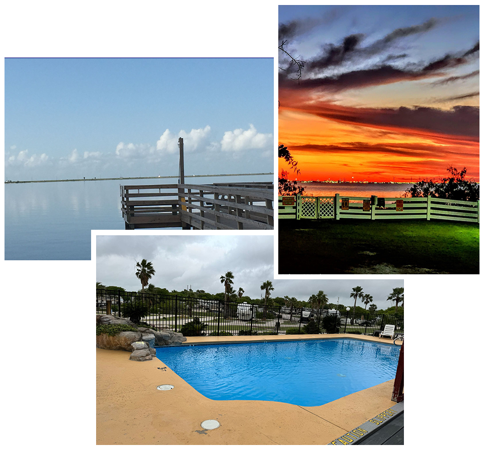 A collage of pictures shows a dock a sunset and a pool