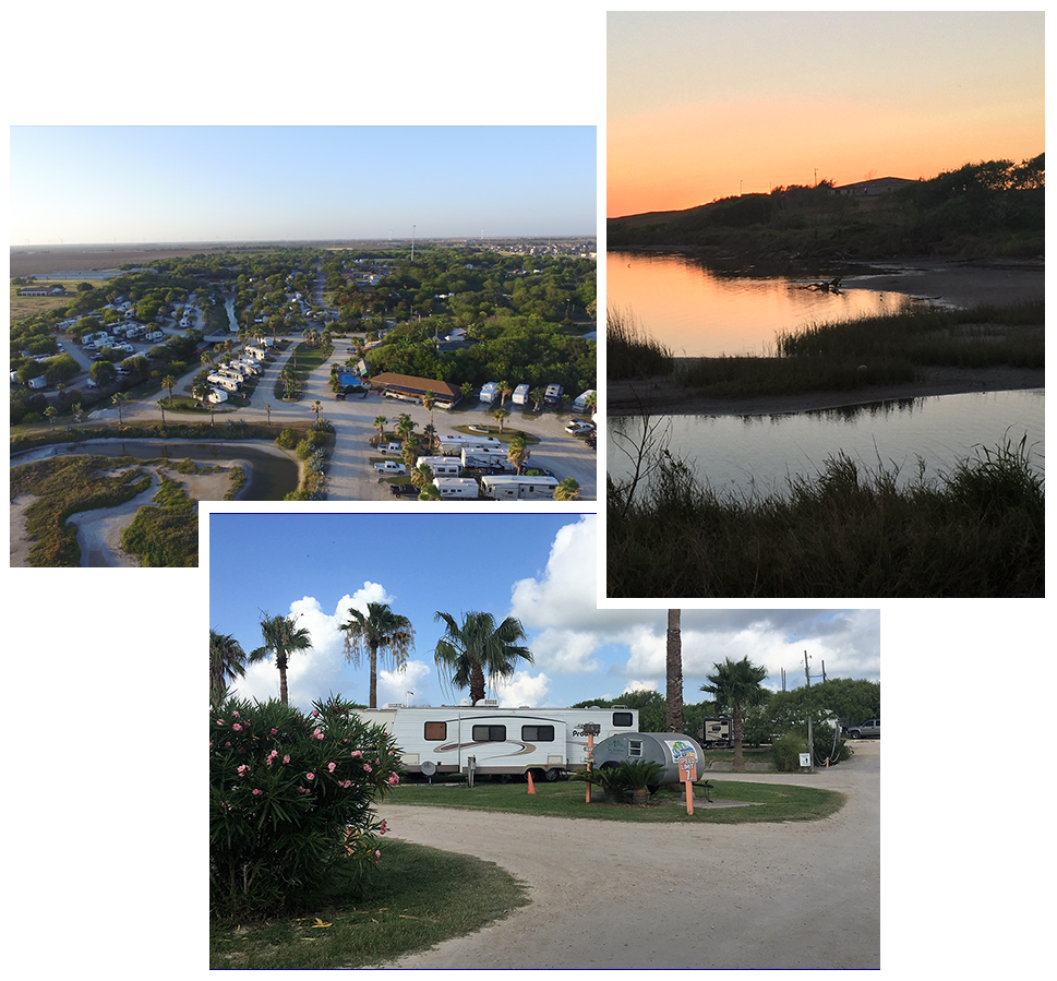 A collage of pictures shows a rv parked in a campground