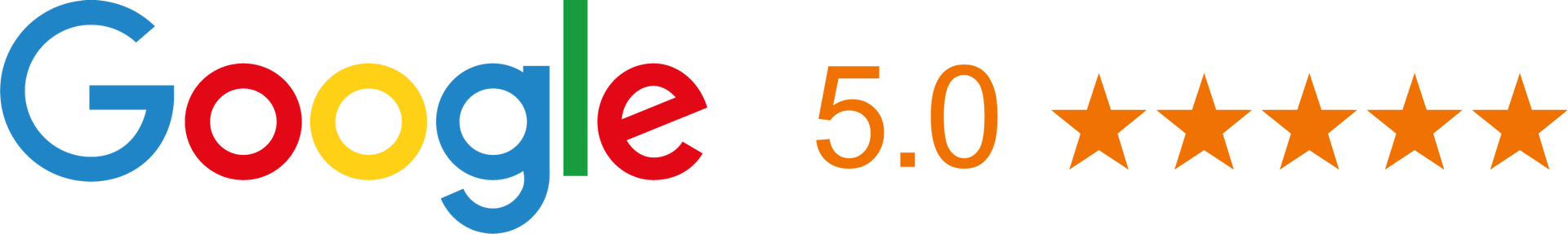 Logotipo de Google seguido de una calificación de 5.0 y cinco estrellas naranjas.