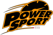 Logotipo de PowerSport.es con texto negro en negrita con contorno amarillo y un icono estilizado de velocímetro encima.