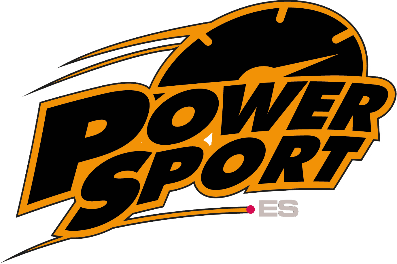 Logotipo de PowerSport.es con texto negro en negrita con contorno amarillo y un icono estilizado de velocímetro encima.