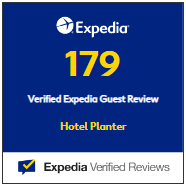 Expedia Verified Reviews badge with 179 Verified Expedia Guest Review for Hotel Planter, blue and gold badge