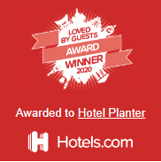 Hotels.com red award badge, “Loved by Guests Award Winner 2020,” awarded to Hotel Planter