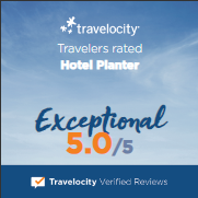 Travelocity rating badge for Hotel Planter: “Exceptional 5.0/5” with verified reviews