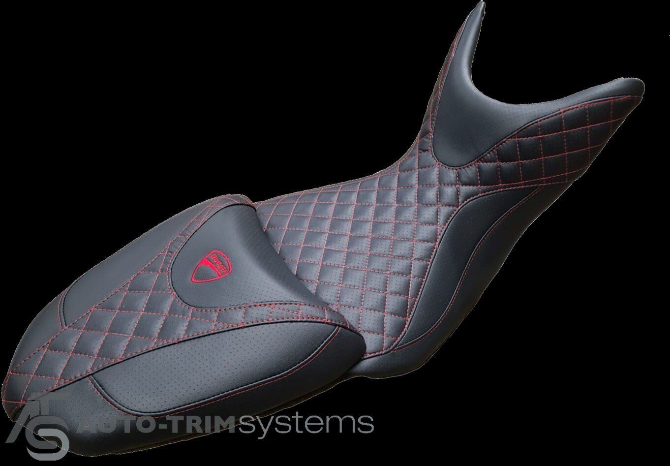 Motorbike seat upholstered in black leather with red diamond stitching