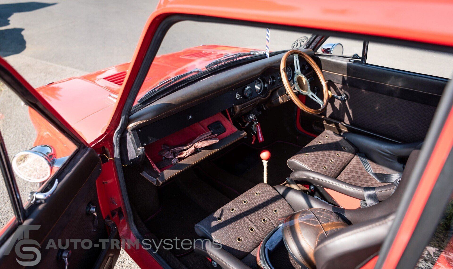 Modified Hillman Imp with Recaro Pole Position seats in Singer Porsche style brown leather