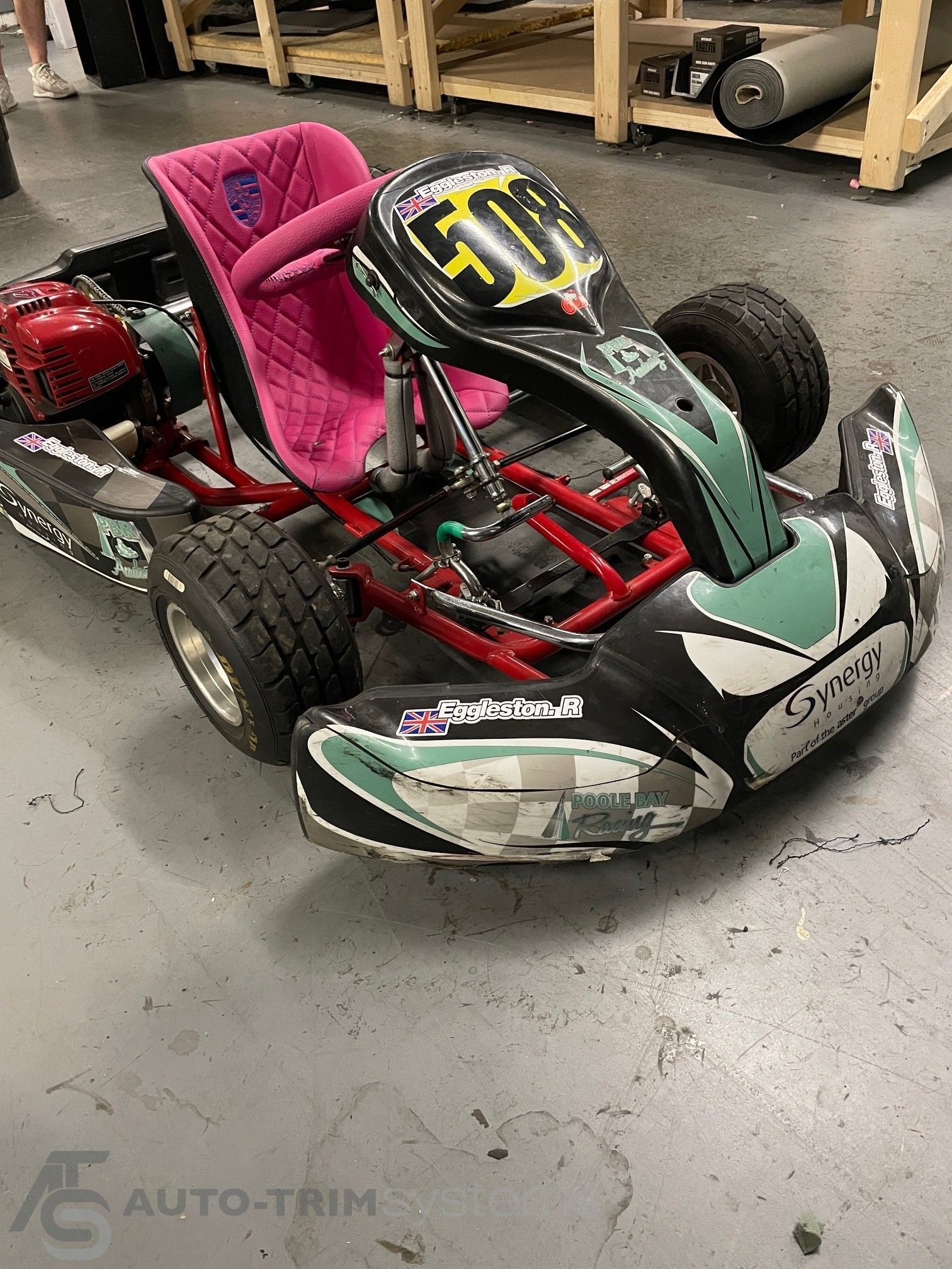 Go-Kart seat & steering wheel re-trimmed in pink with Porsche embroidered badge.