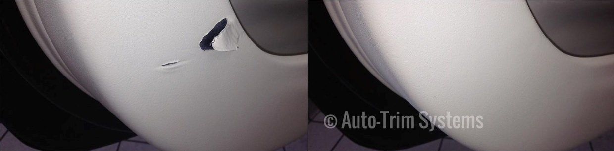 Repair to torn leather on car door card