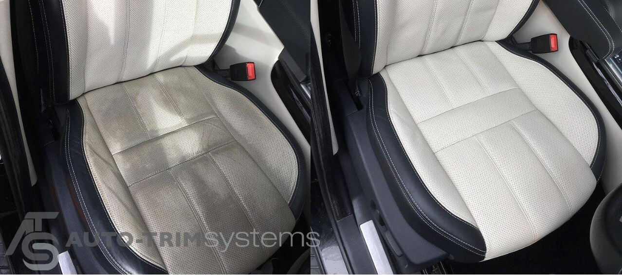 Recoloured and restored white leather seat upholstery