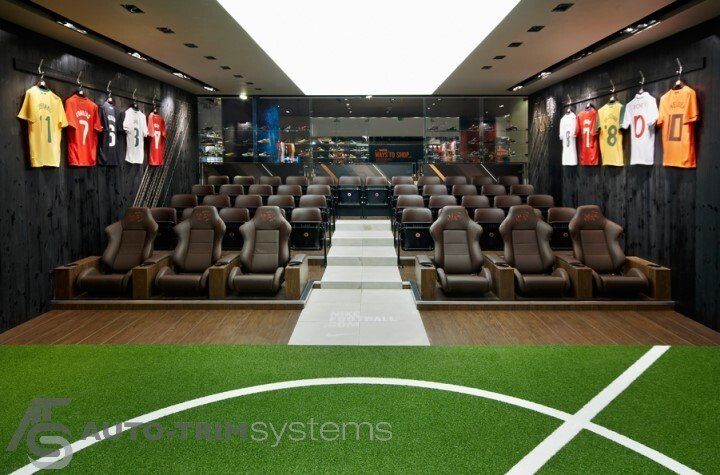 Recaro seats upholstered in brown leather for professional sports conference room
