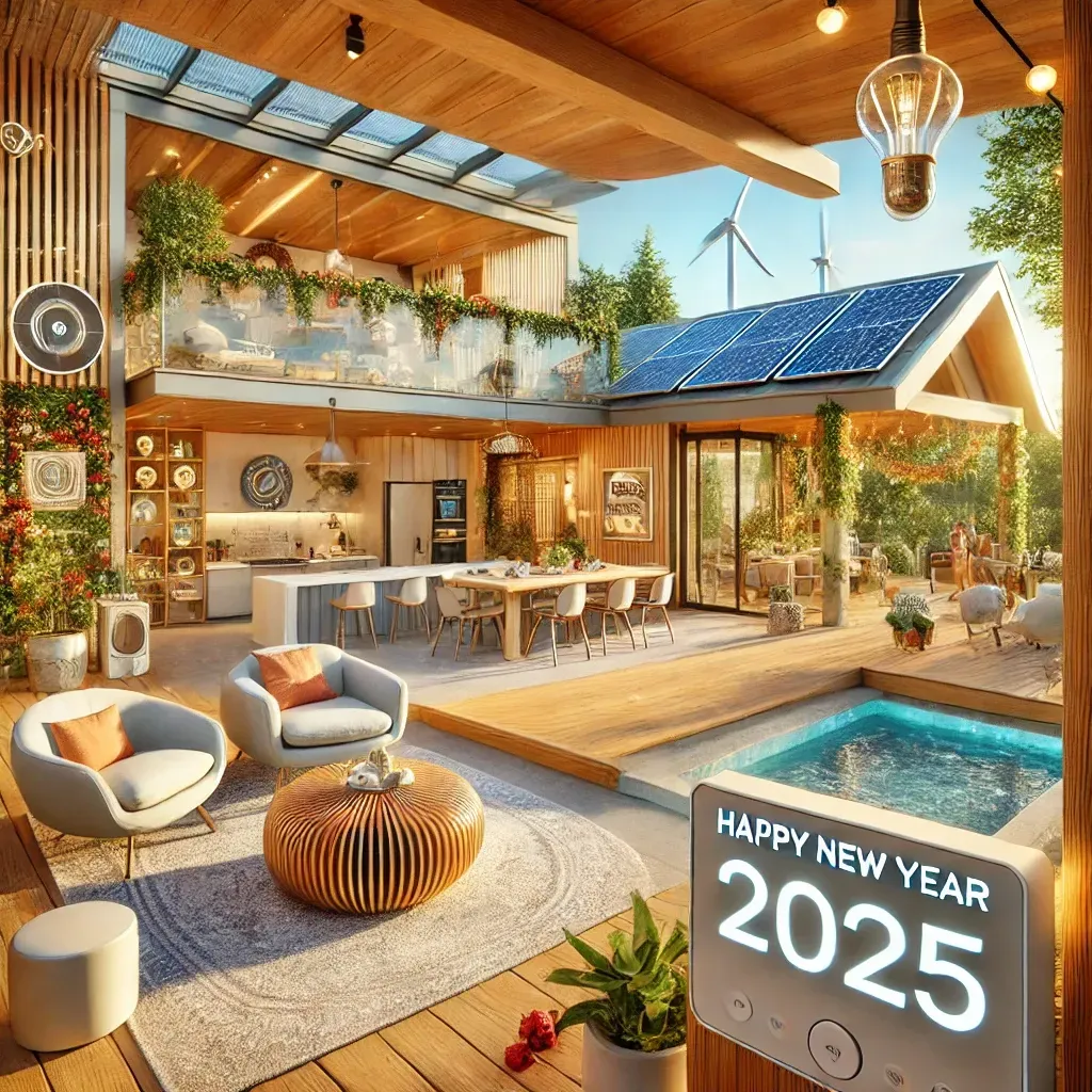 Modern 2025 home trends: open living, solar panels, outdoor deck, smart tech, luxury bath, and a festive