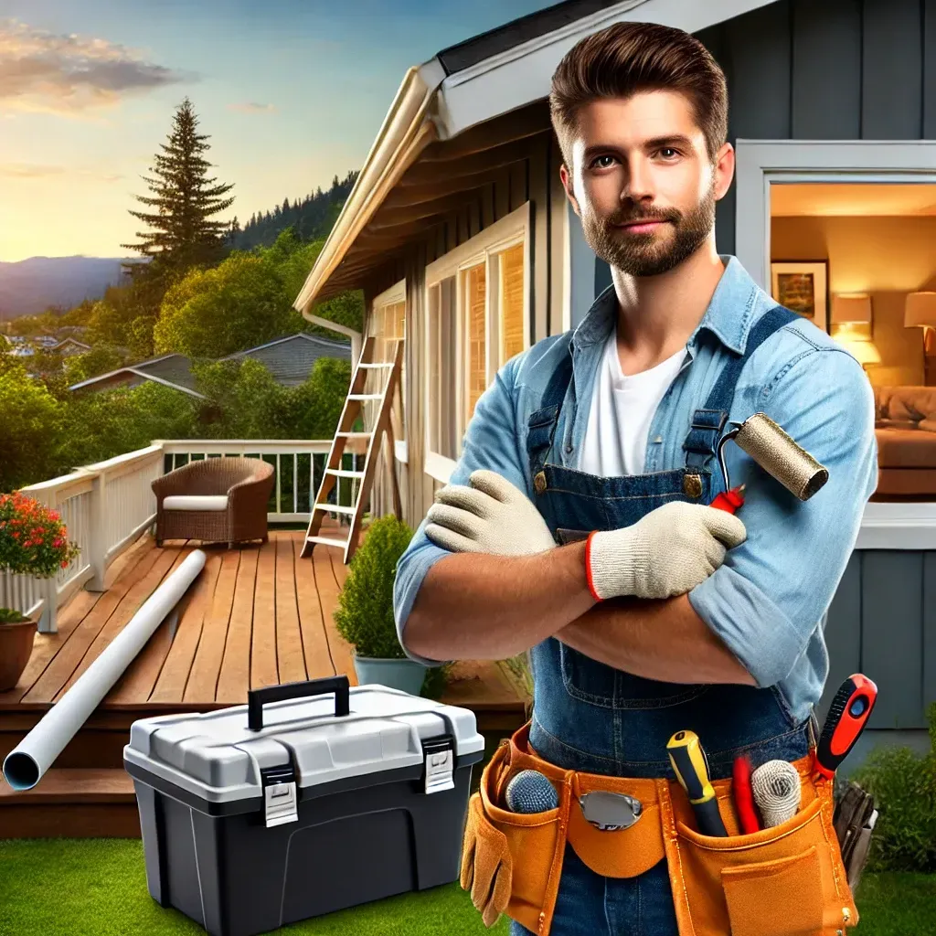 A professional handyman standing confidently in front of a maintained home, showcasing tools and repairs, emphasizing reliability