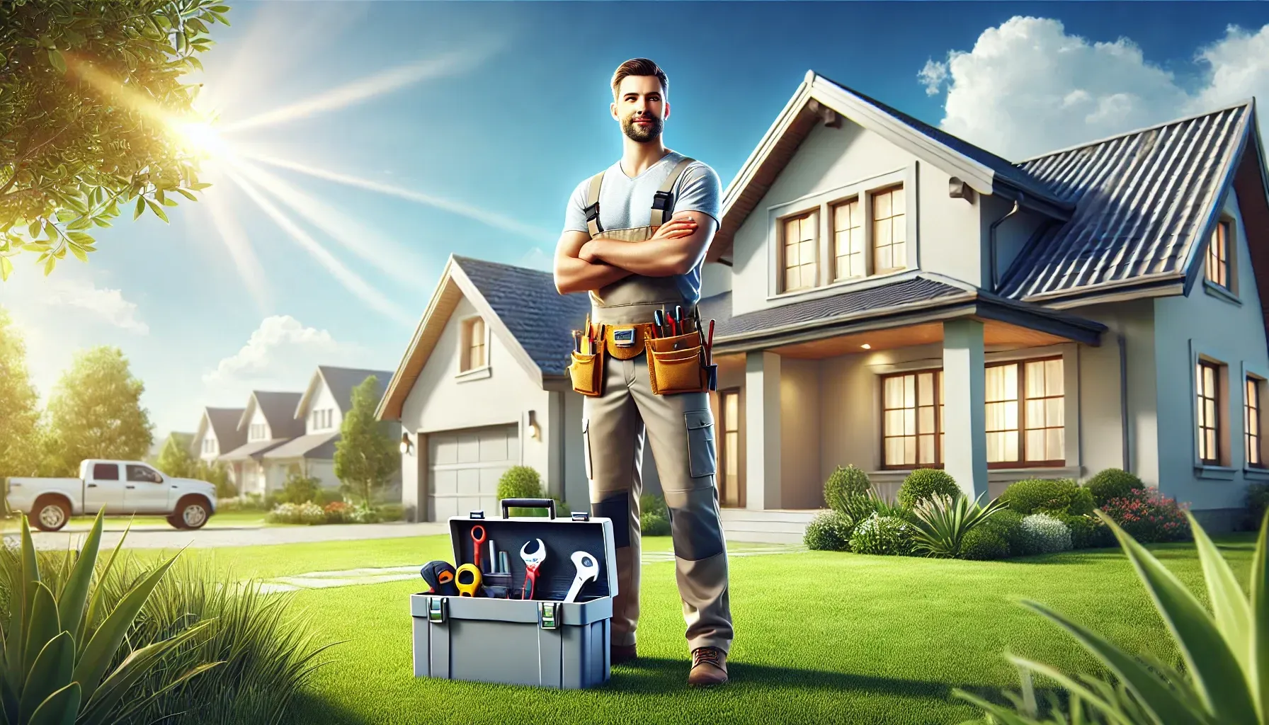 Modern home exterior with a handyman standing next to a toolbox, symbolizing professional home repair services and a reliable solution for maintenance needs
