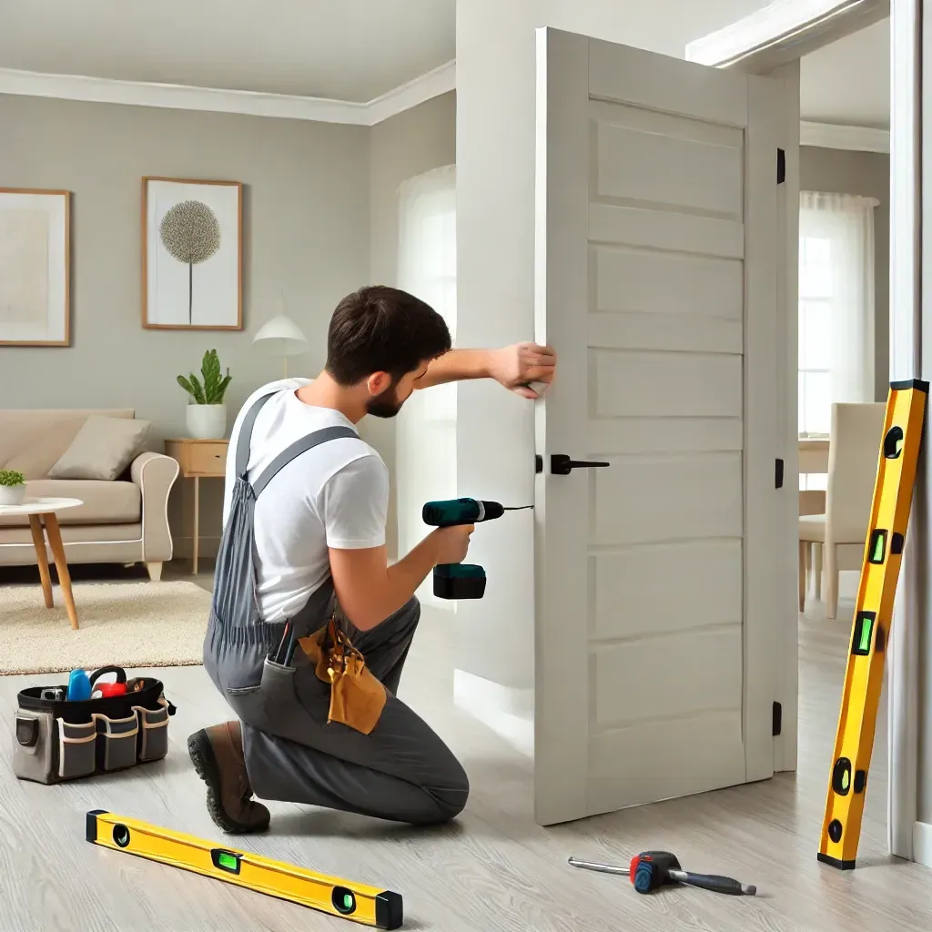 A handyman carefully installing an interior door in a bright, modern home using tools like a drill and level for precision.