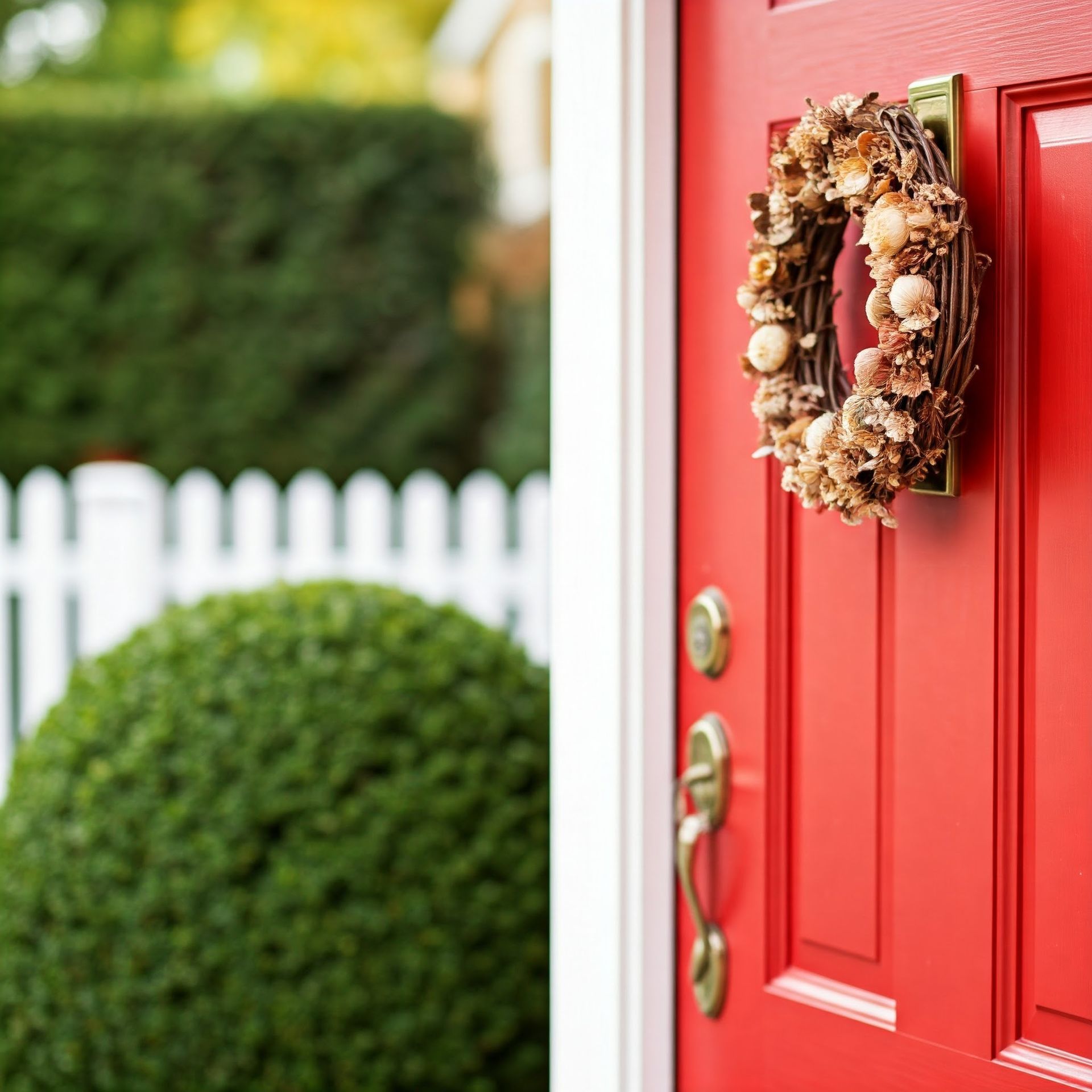 A freshly painted red front door with a polished brass knocker, showcasing a simple and impactful home improvement