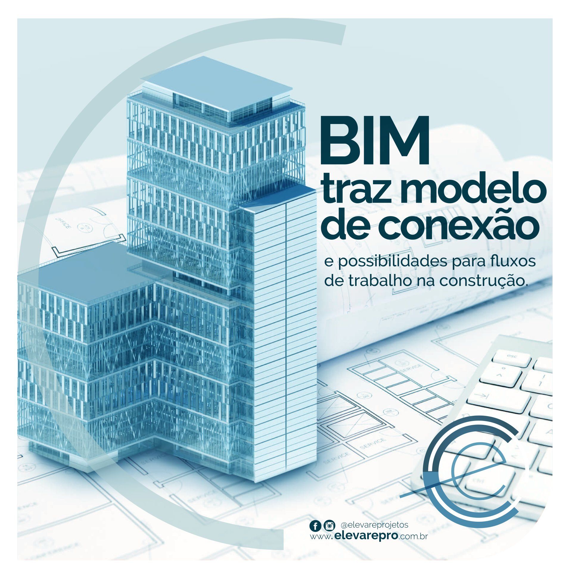 Renderização arquitetônica azul com o texto 