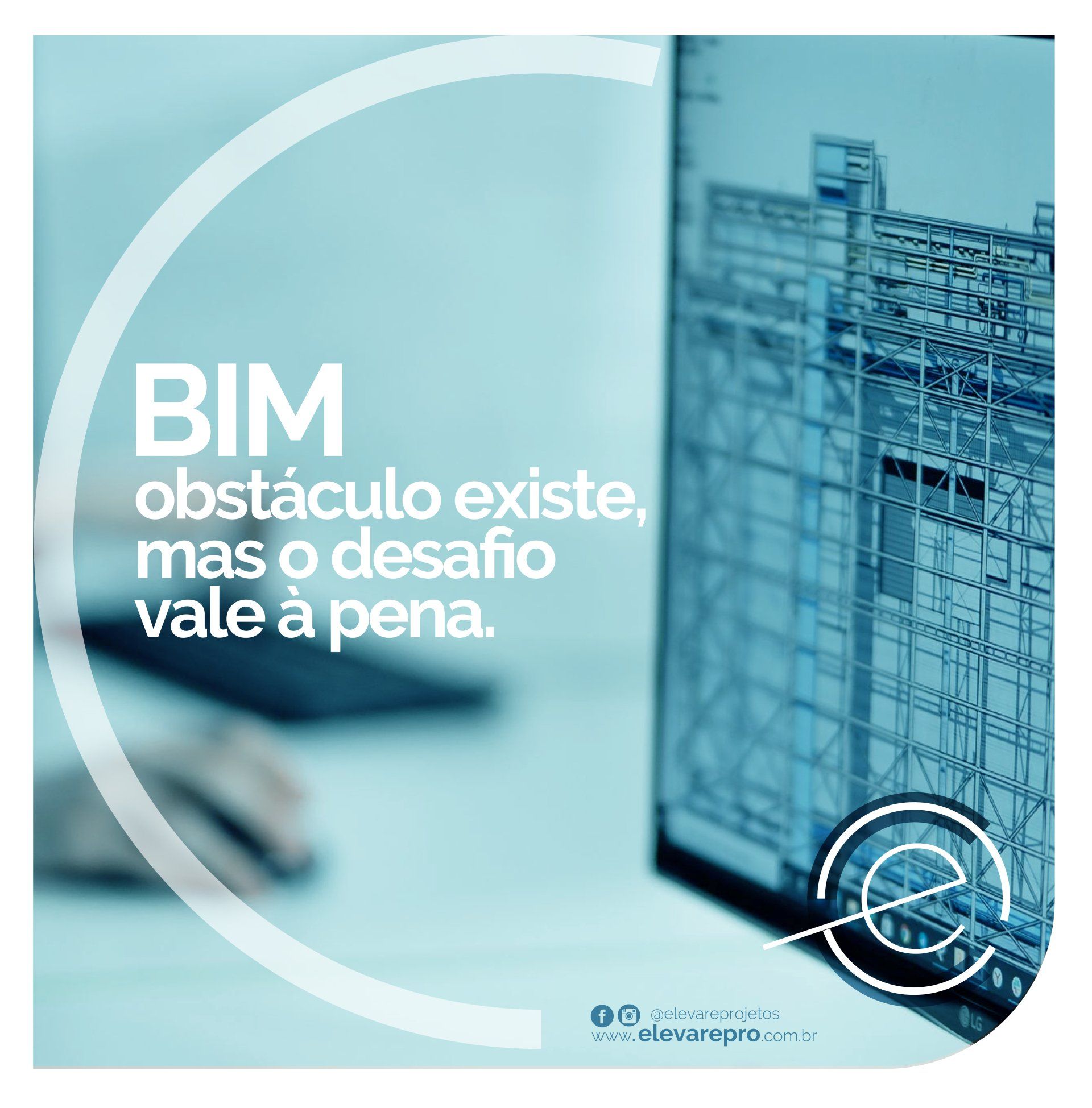 Texto BIM sobreposto a uma renderização de planta baixa em um computador. Uma mão utiliza um mouse. Tons de azul claro e branco.