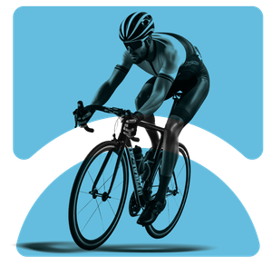 Ciclista com uniforme preto e azul pedalando uma bicicleta de estrada, em tons de azul sobre um fundo azul claro.