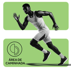 Corredor(a) com roupa esportiva, em frente a um fundo verde, com um texto que se traduz como 