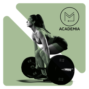 Mulher levantando uma barra em uma academia, logotipo da academia Academia.