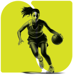 Jogador de basquete driblando uma bola, sombreado em verde, com fundo amarelo.