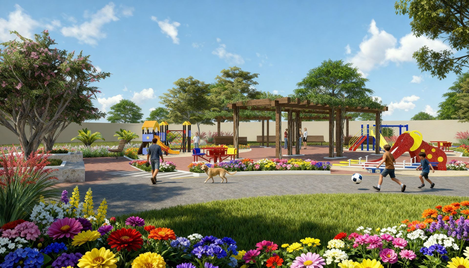 Parque infantil com crianças, adultos, flores e árvores sob um céu ensolarado.