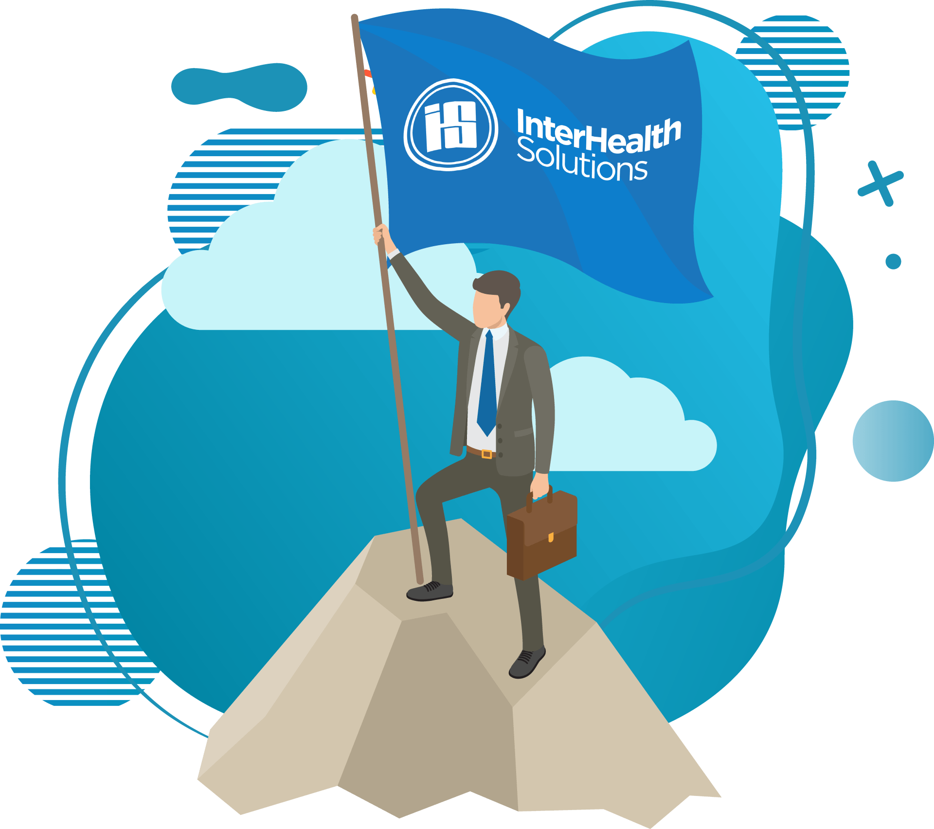 colorful illustration of businessman with flag at top of a mountain