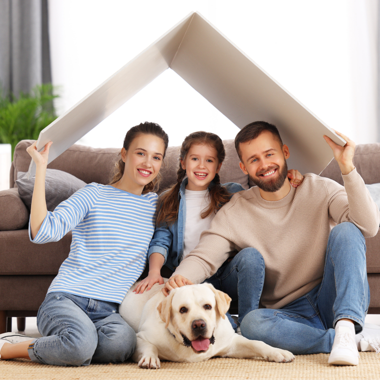 Family sitting with a dog inside a cardboard house frame, smiling on a couch in a bright living room