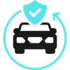 Black car icon with a turquoise shield checkmark and circular arrow, suggesting vehicle protection or insurance