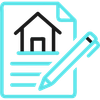 Turquoise document icon with a house, lines, and a pencil indicating a home form or edit document