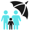 Family icon under umbrella, two turquoise adults with a black child on a white background
