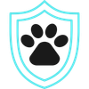Black paw print inside a cyan outlined shield icon