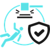 Turquoise security icon with shield, running figure, and alert lines inside a circle