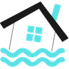 Flooded house icon with tilted roof, aqua windows, and blue waves below