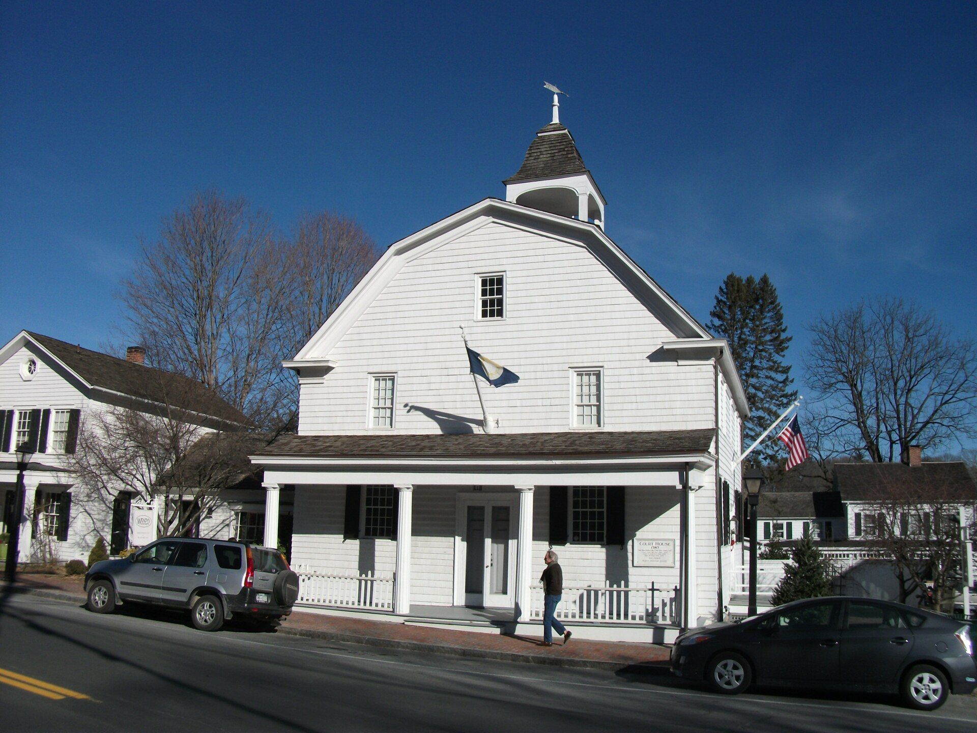 Bedford Village Historic District 1787 Court House. White painted 2-story building.