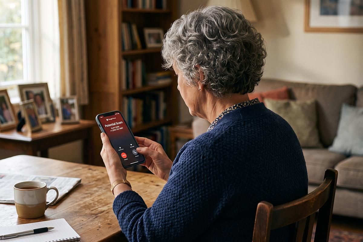 Person seated at a table using a smartphone in a cozy living room, with a coffee cup nearby.