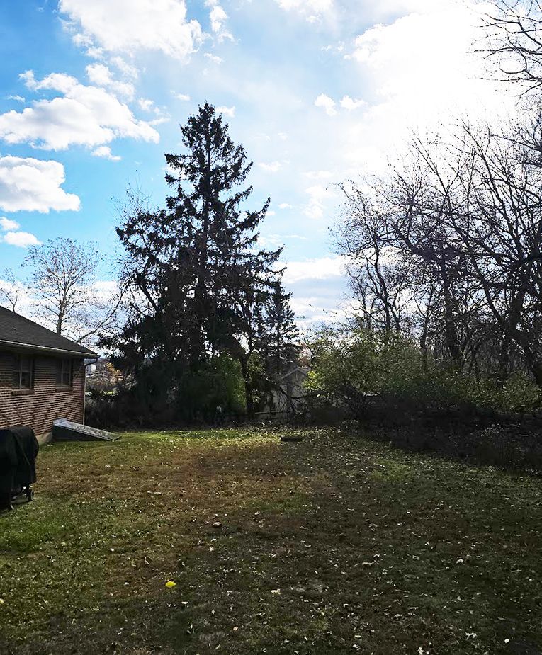 Stone-faced house with a large tree in the front yard. Blue sky above the house, sunny day.