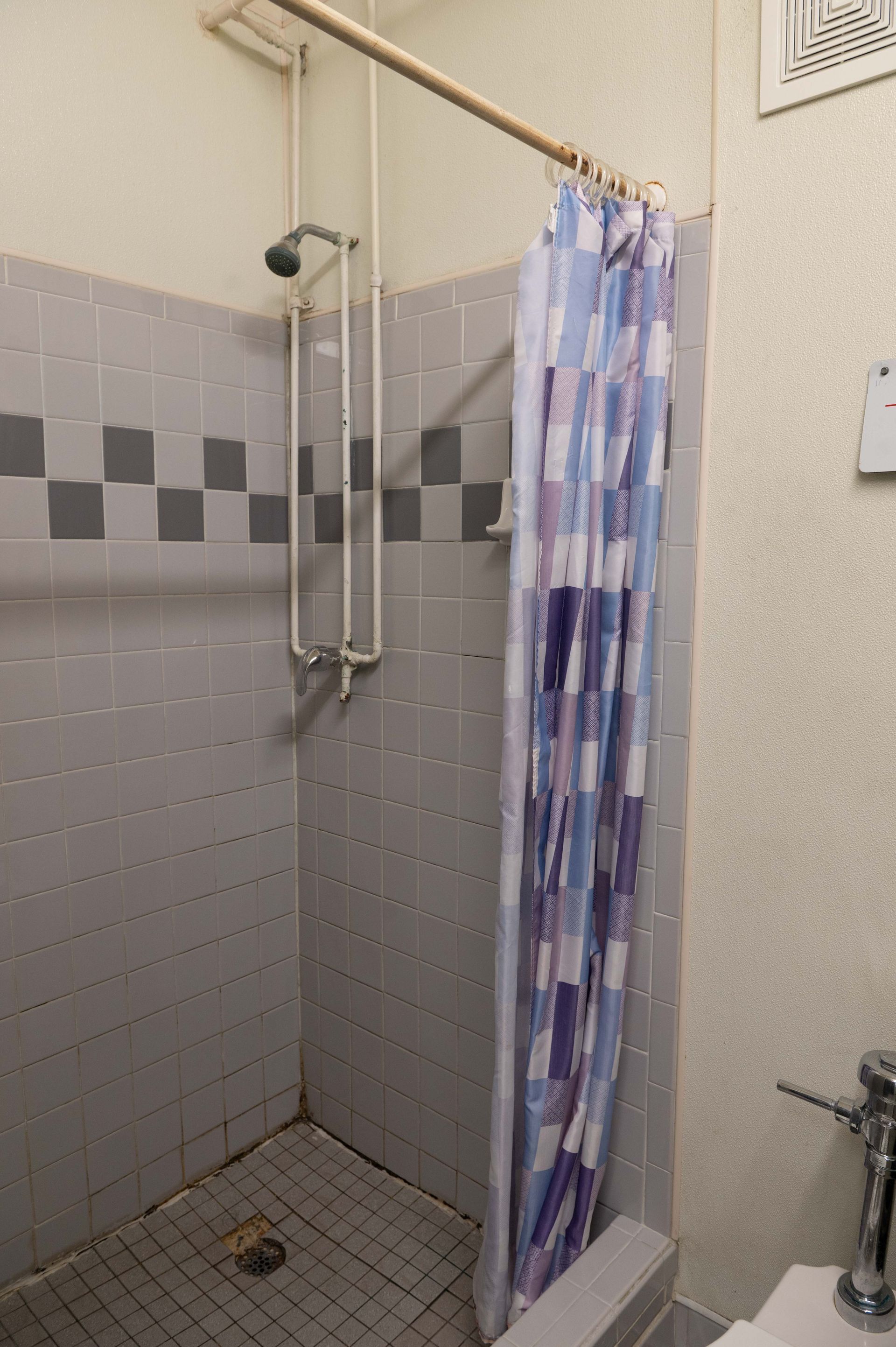 Small tiled shower stall with a blue-purple curtain and wall-mounted showerhead.