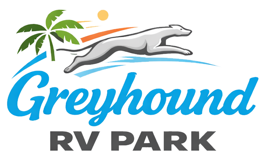 Greyhound RV Park logo with palm trees, sun, and a running greyhound above blue and black text