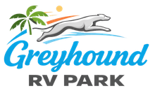 Greyhound RV Park logo with palm trees, sun, and a running greyhound above blue and black text